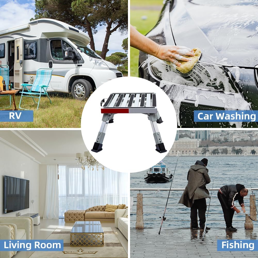 Homeon Wheels Adjustable Iron RV Step Stool, Folding Non-Slip Platform