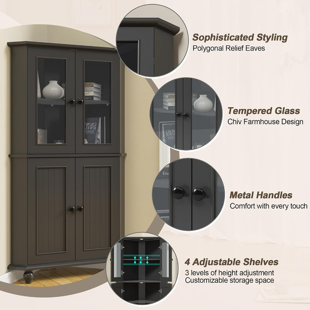 53'' Corner Cabinet with Glass Doors, Black Corner Shelf for Living Room