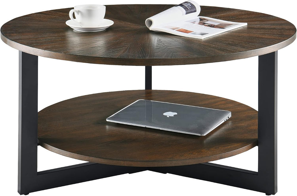 Round Coffee Table with Storage Shelf, Farmhouse Living Room Cocktail Black M...