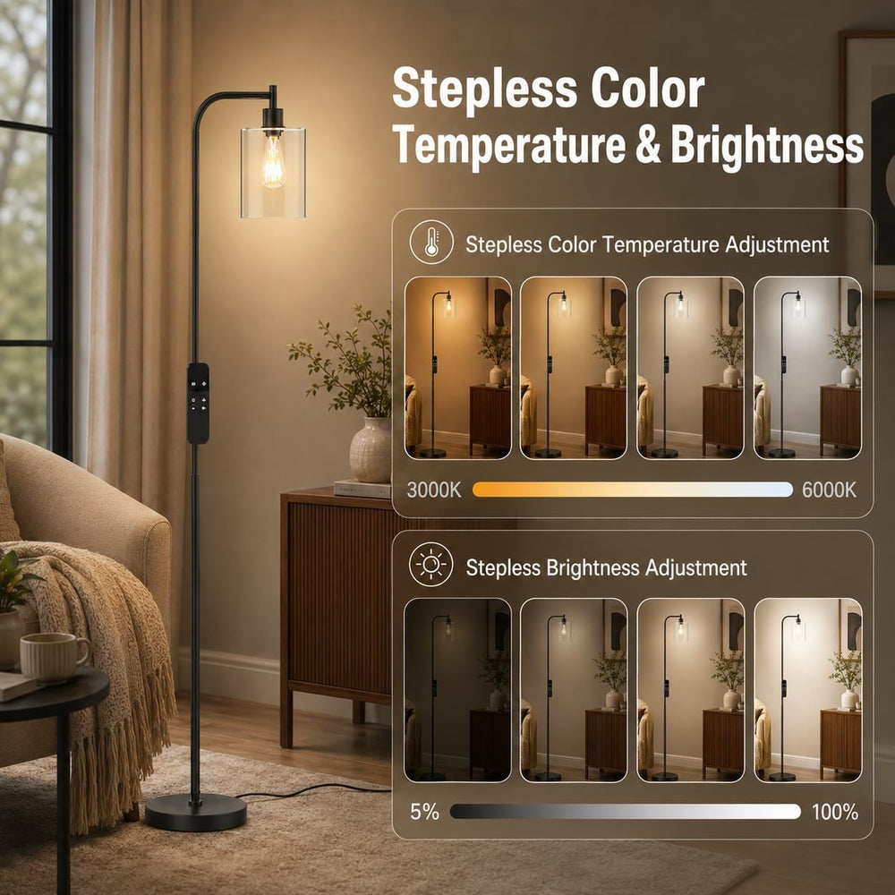Wio-Mio Industrial Floor Lamp with Glass Shade, LED Bulbs Included