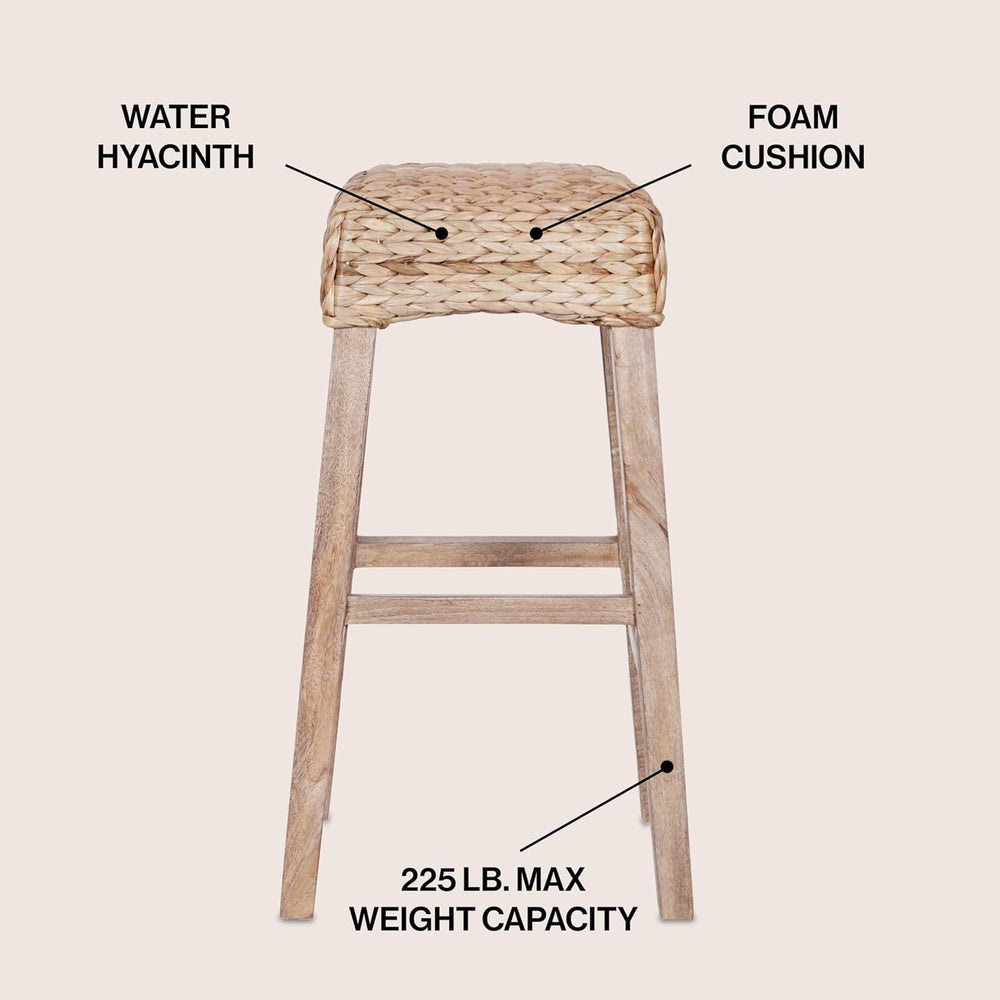 JONATHAN Y Maui Backless Woven Water Hyacinth Bar Stool, 30" Natural