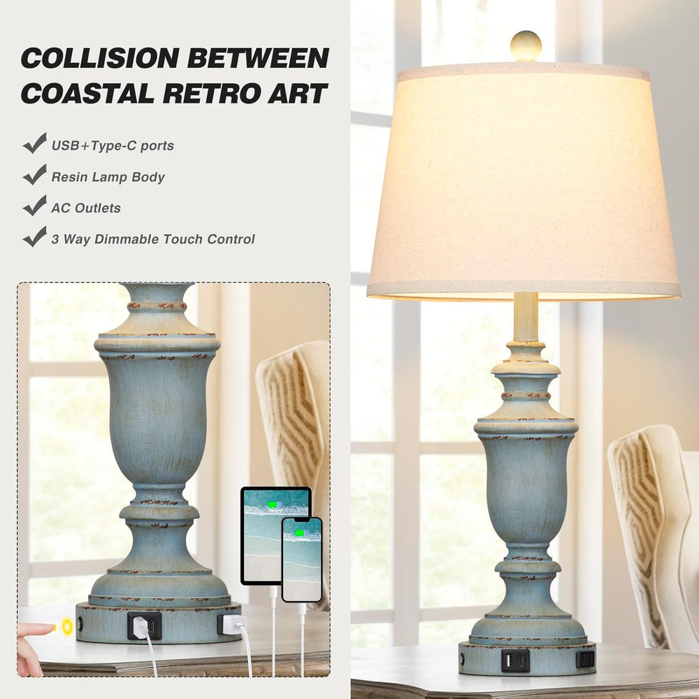 Cinkeda 25.6" Blue Table Lamps Set of 2 with USB C+A Ports & AC Outl...