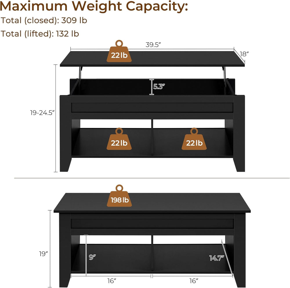 Yaheetech 39.5" Lift Top Coffee Table with Storage Shelf, Black