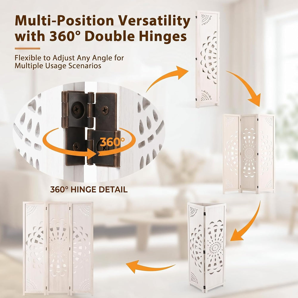 3 Panel Room dividers, 66.9" Boho Double-Sided Carved Screen, White