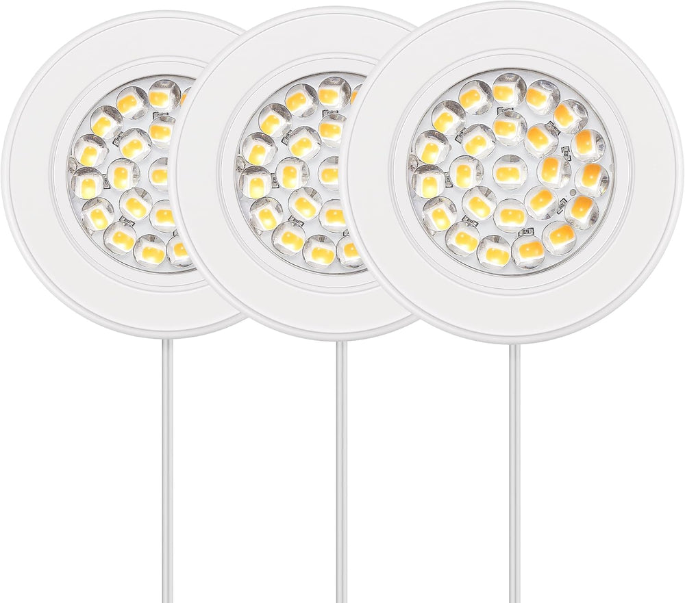 GETINLIGHT 2.5-Inch LED Puck Light Kit, 3-Pack, Plug-in, 3000K, White