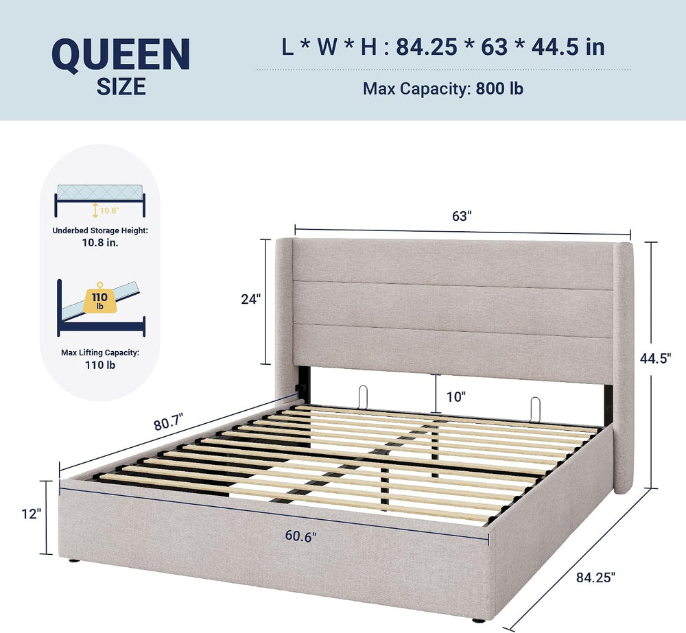 Allewie Queen Size Lift Up Hydraulic Storage Bed Frame Light Beige