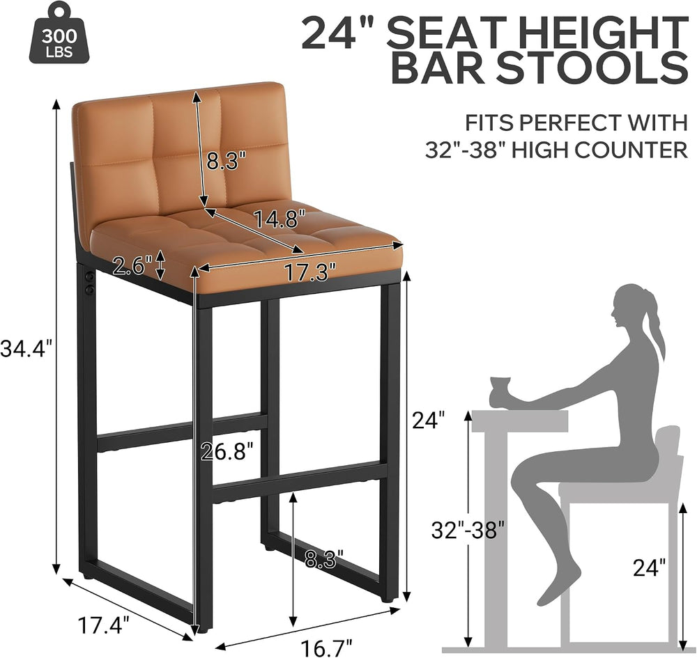 Bar Stools Set of 2, Modern Counter Height Bar Stools, Orange