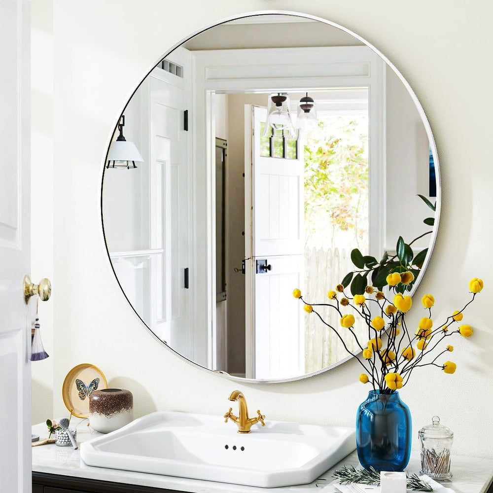 VooBang Silver Round Bathroom Mirror 24", Thin Metal Frame Wall Mirror