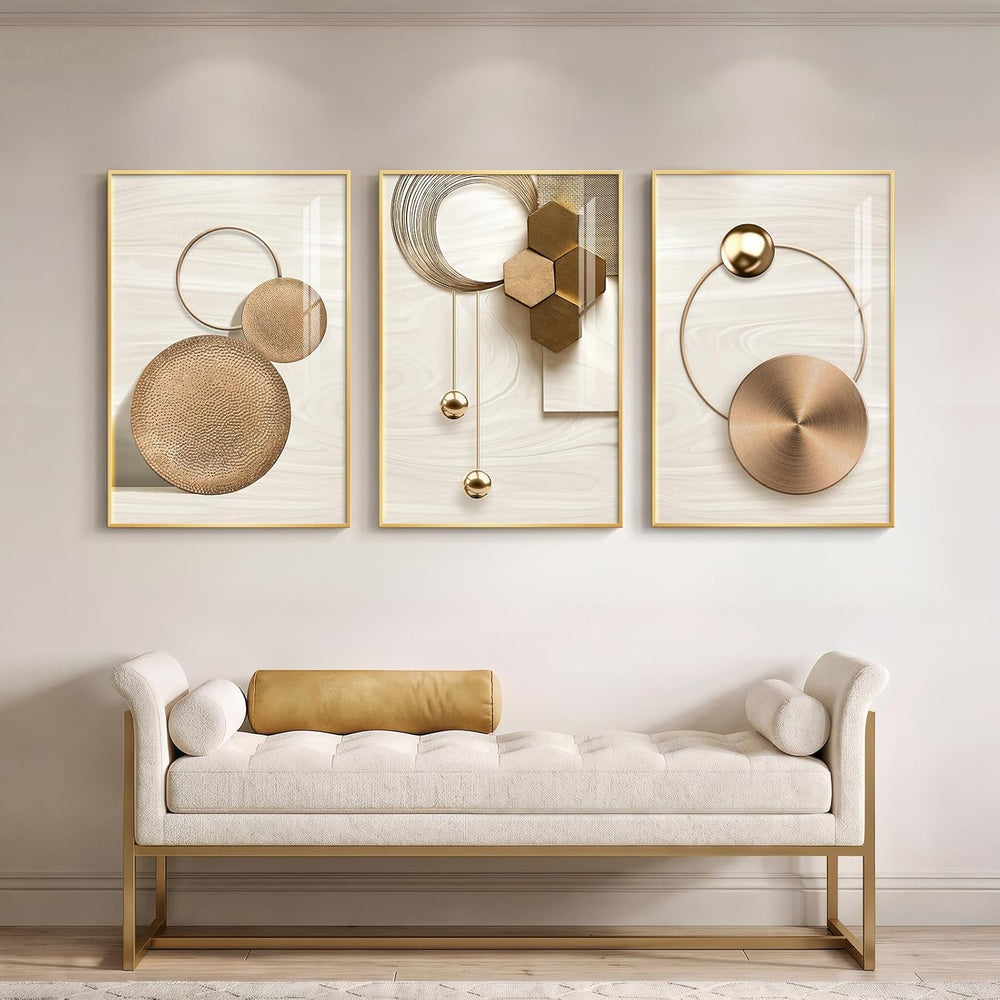 Large Framed Modern Luxury Gold Wall Art for Living Room, 3 Piece 24x36 In