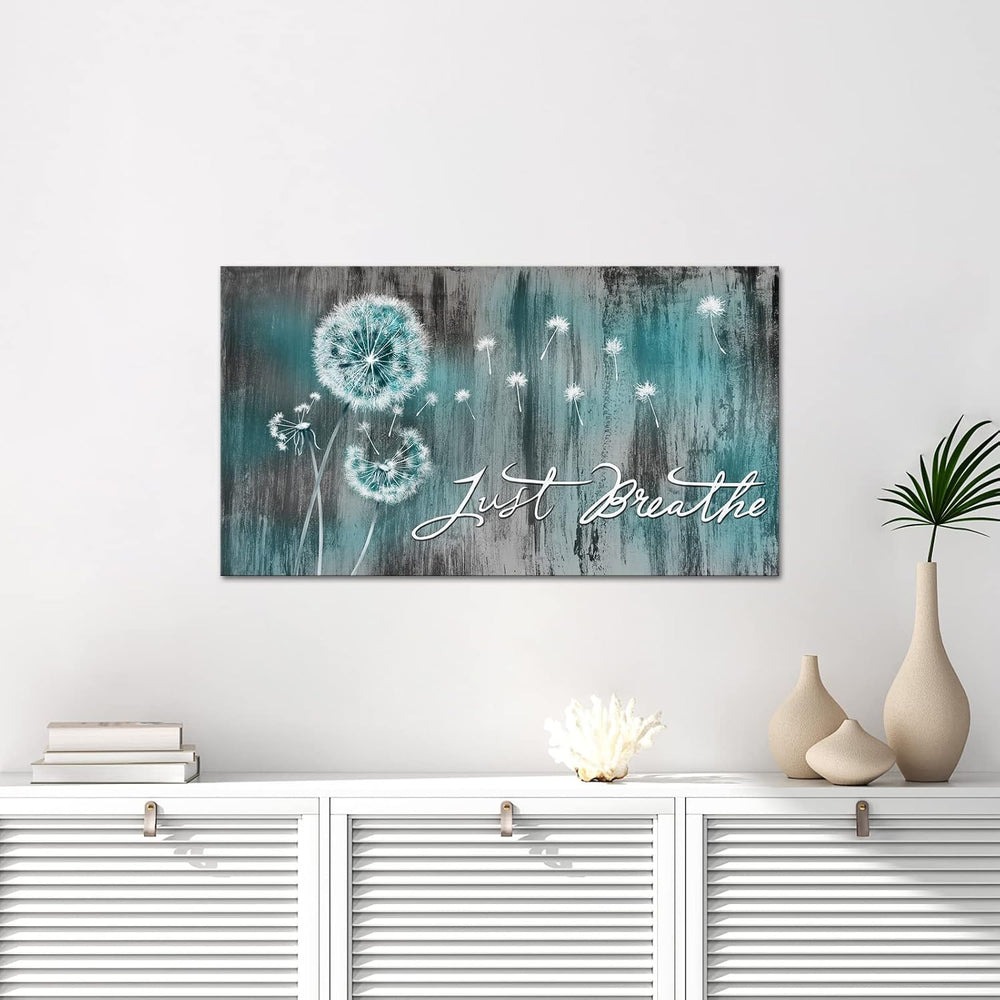 iHAPPYWALL Large Just Breathe Wall Art Abstract Teal Dandelion Flower Inspira...
