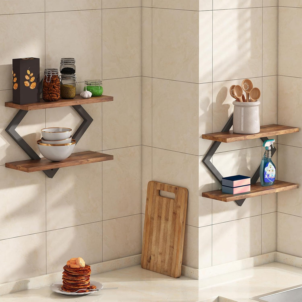 2-Tier Floating Shelves on Wall, 3-Piece Set, Wooden Wall Shelf, Brown