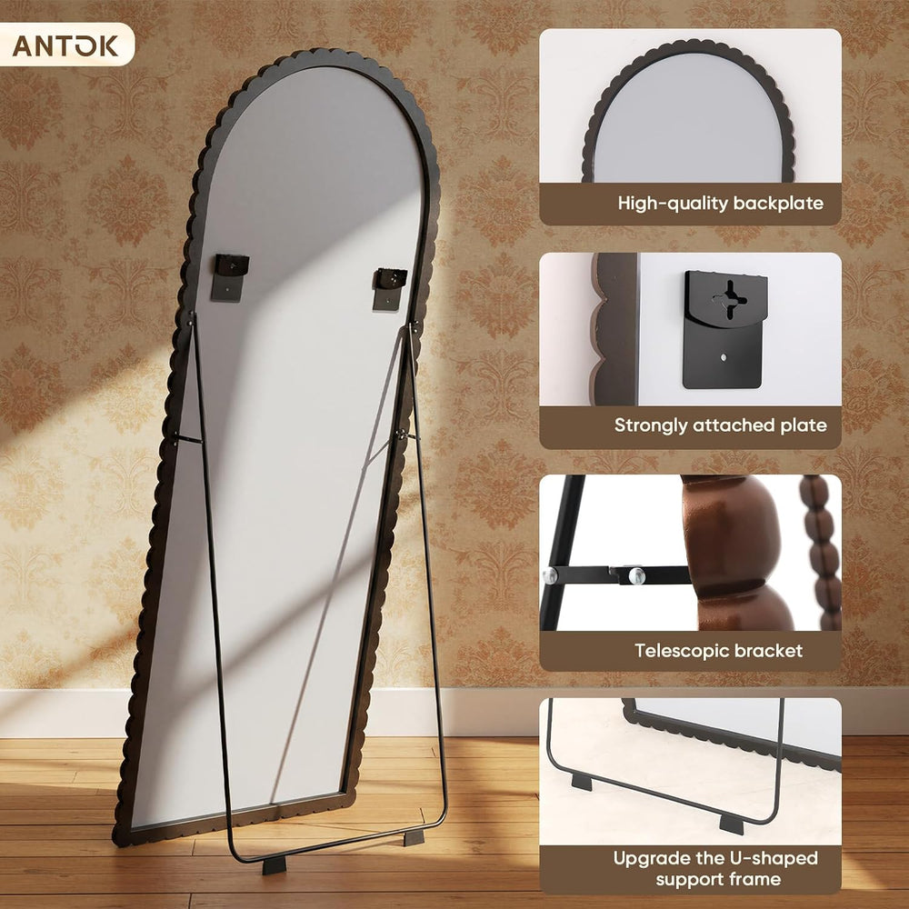 Antok 76" x 34" Arched Full Length Mirror, Antique Beaded Frame Flo...