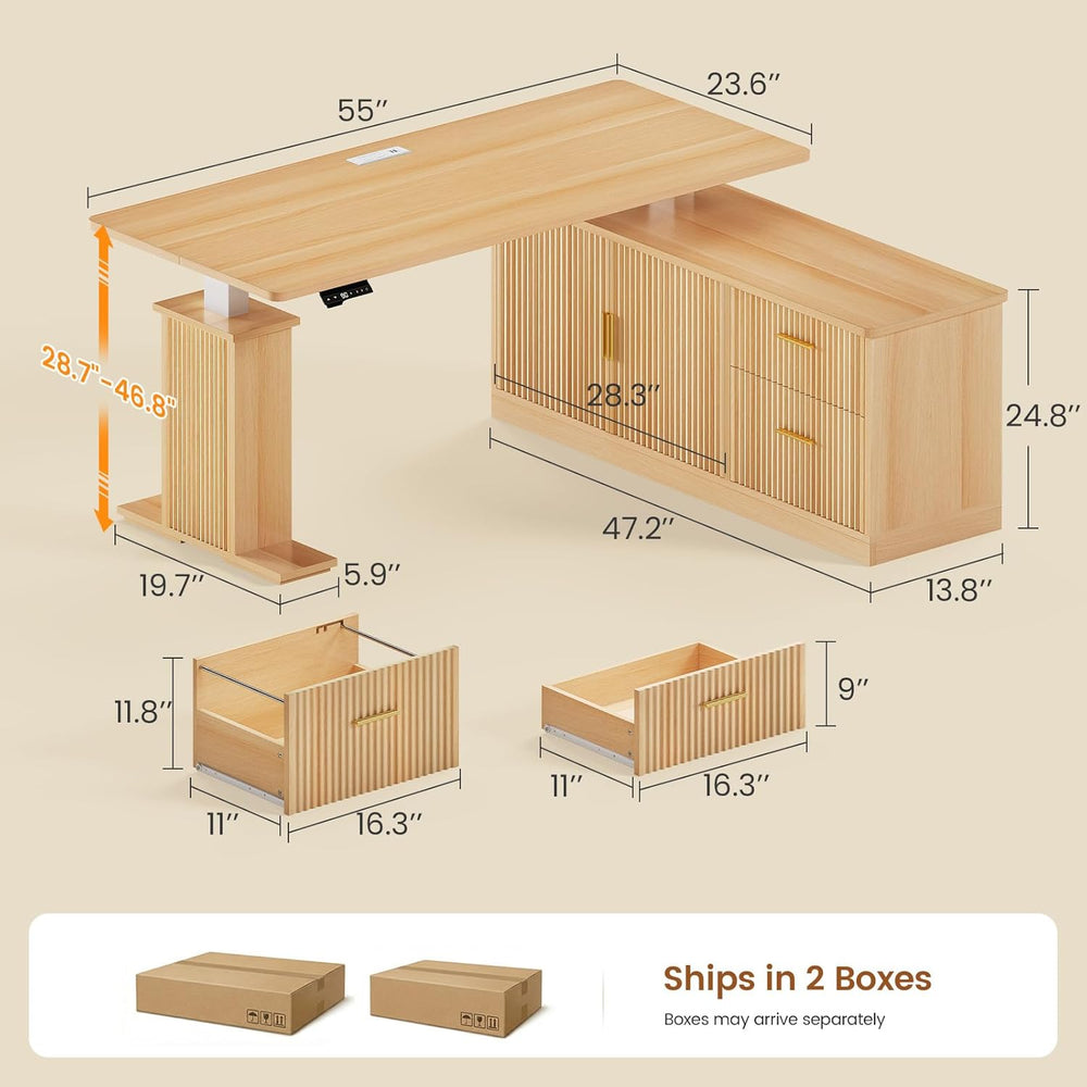 SEDETA Fluted L Shaped Executive Electric Standing Desk with Drawers