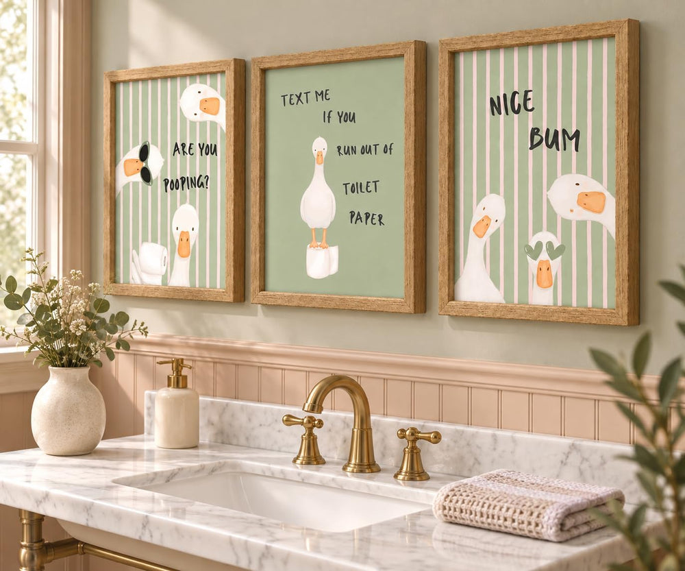 3 Piece Funny Duck Bathroom Wall Art Set Framed Canvas Posters 12x16 Inch