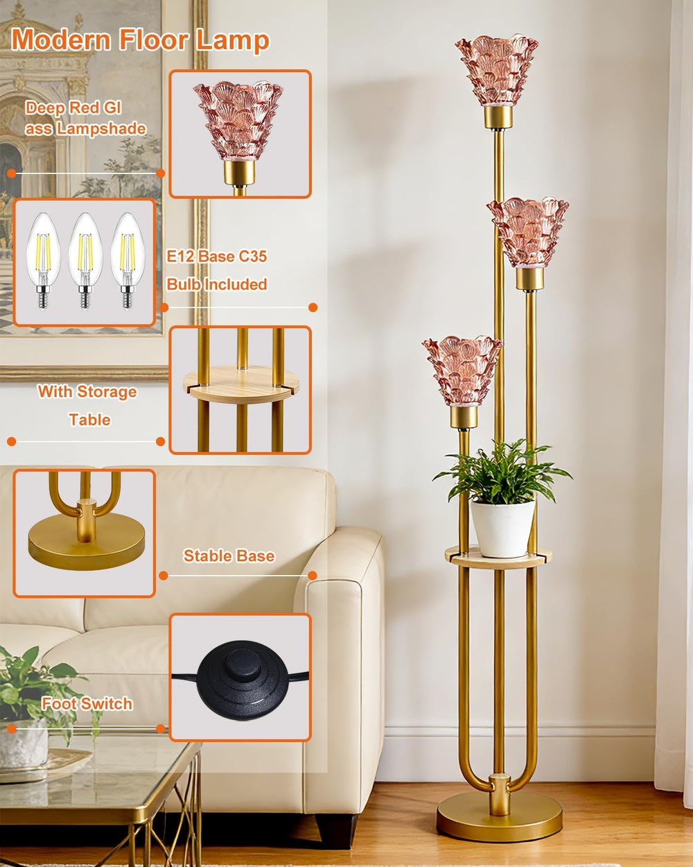 Glass Floor Lamp with Shelf, 63IN Mid Century Modern Gold Floor Lamps with 3 ...