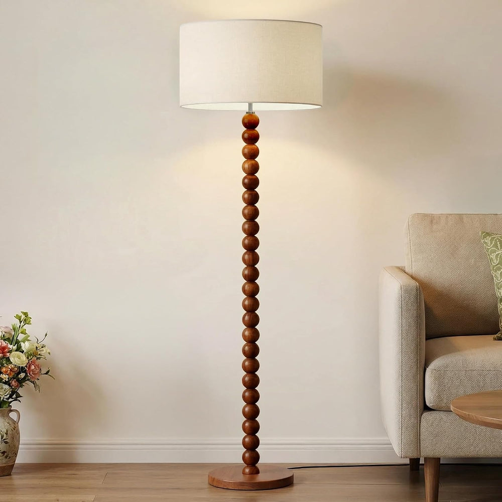 Buruis 60.6 Inch Beaded Walnut Wood Floor Lamp with Linen Shade, Cream