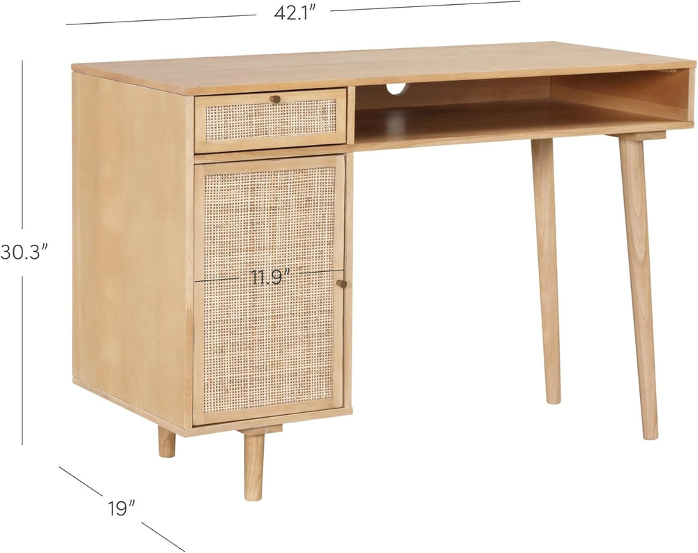 Nathan James Aaron Modern Desk with Storage, Natural Rattan Table with Square...