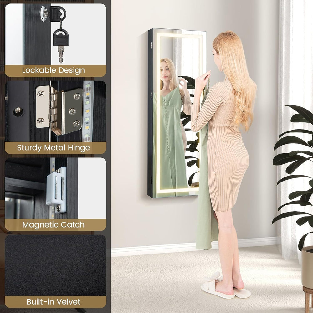 CHARMAID LED Mirror Jewelry Cabinet, Wall or Door Mounted, Black