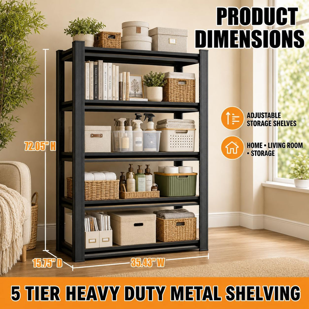 Heavy Duty 5 Tier Metal Garage Shelving, 72" H × 36" W × 16" D