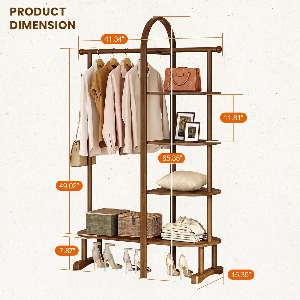 41.3" Wide 3-in-1 Freestanding Clothing Rack, Wooden Coat Rack with 4 Sh...