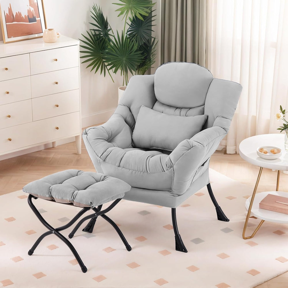 Furlide Lazy Chair with Ottoman, Modern Lounge Chair with Lumbar Pillow, Acce...