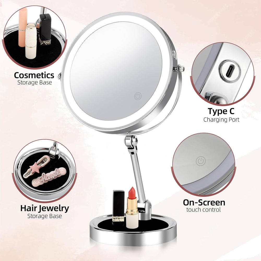 8" Foldable 10X Magnifying Mirror with Light, Storable Base, Chrome