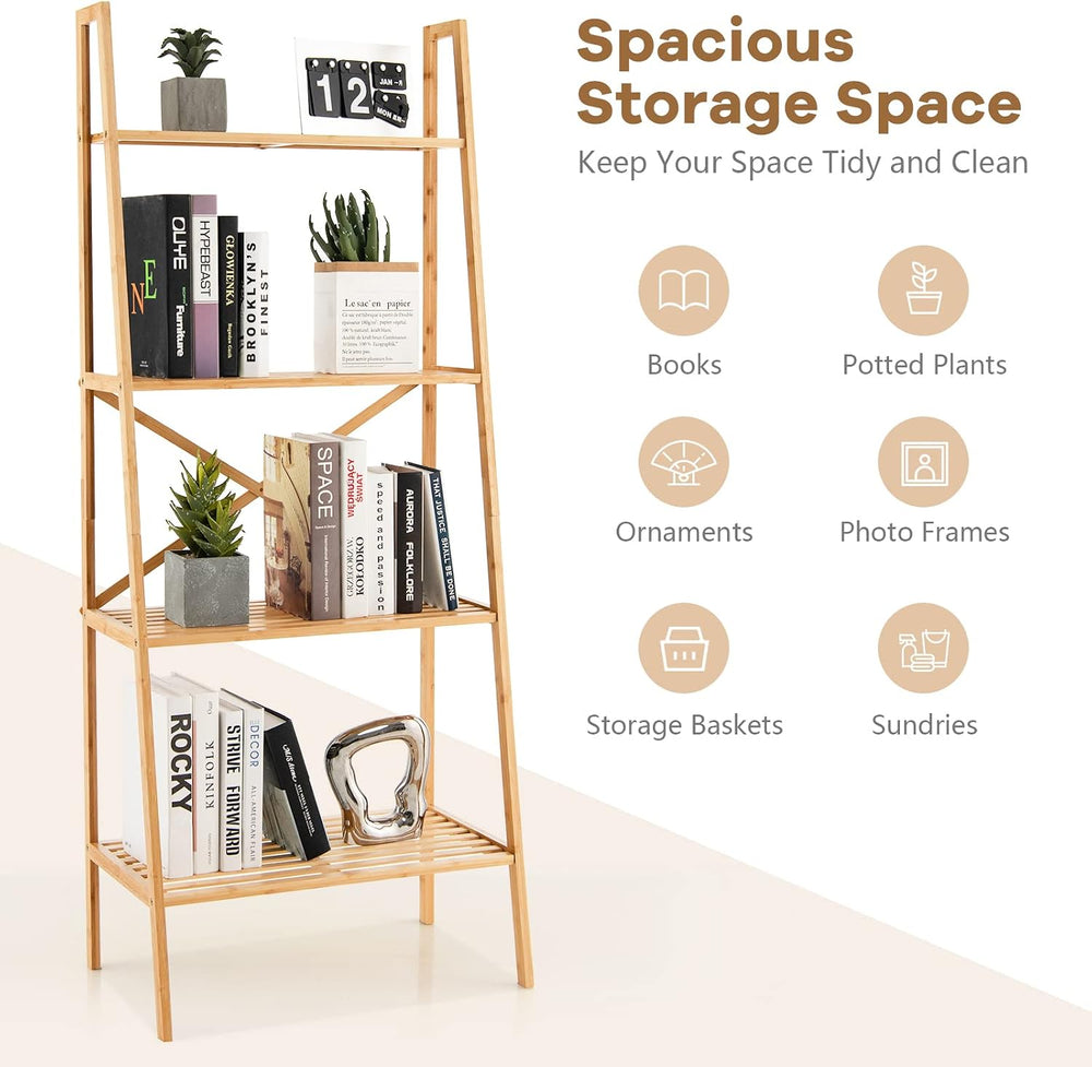 GIANTEX 4-Tier Bamboo Bookshelf, Multifunctional Storage Display Rack Shelves...