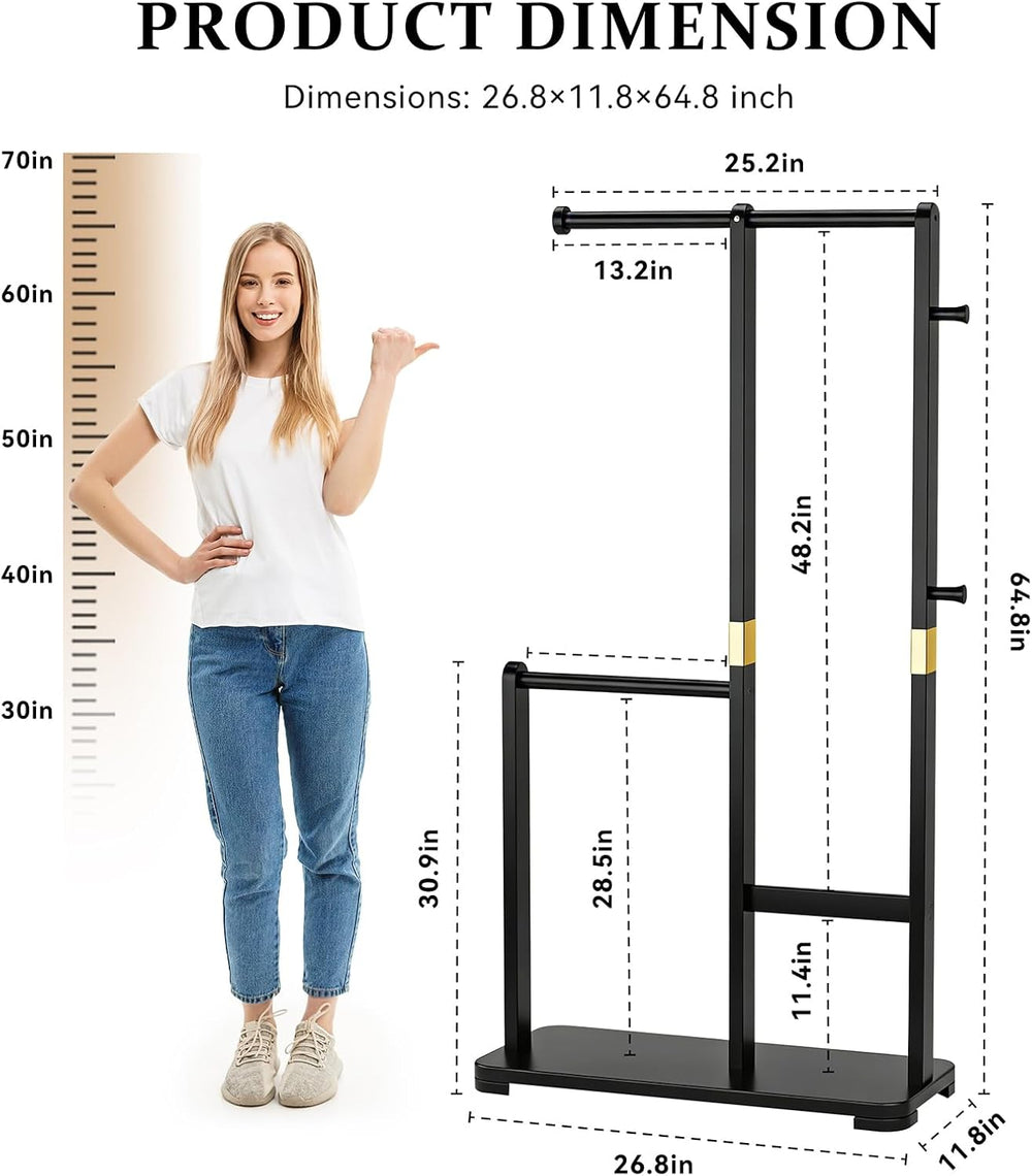 Solid Wood Coat Rack, Freestanding Standing Clothes Rack with Double Hanging ...