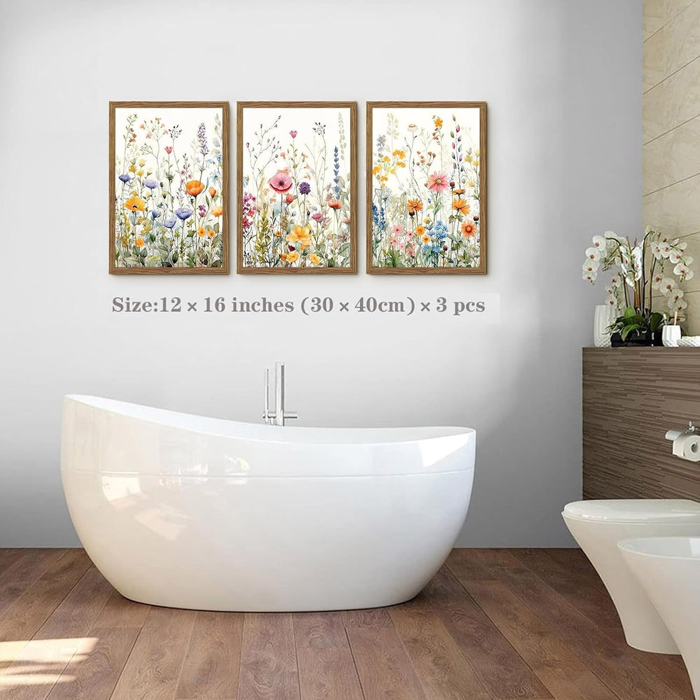 3 Piece Colorful Wildflower Wall Art Set Framed Spring Wall Decor 12x16 In
