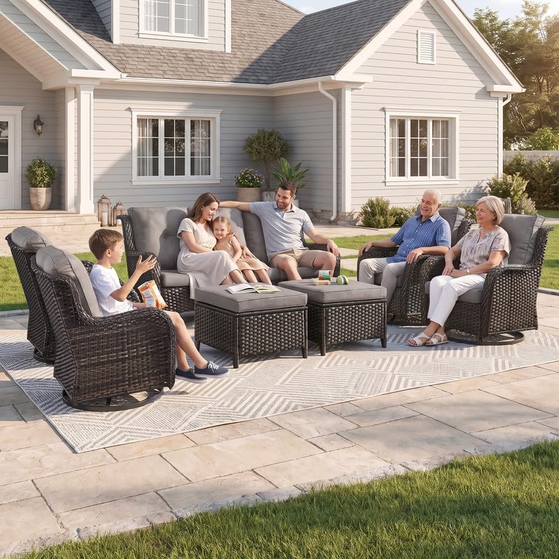 Outdoor Brown Wicker Furniture Set of 5, Wicker Patio Conversation Set Grey