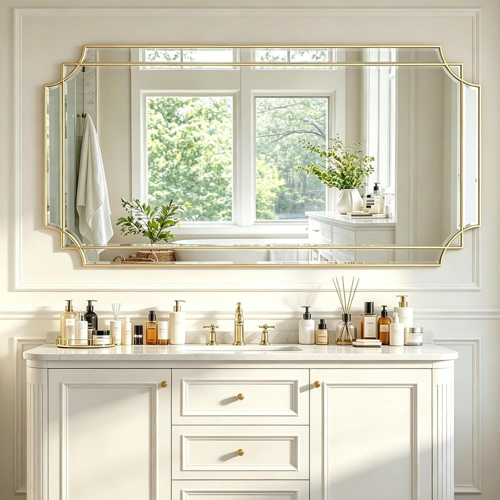 59"x30" Large Rectangle Beveled Mirror with Gold Geometric Frame
