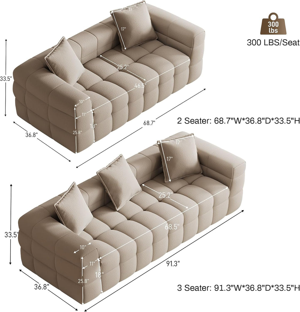 2 Pcs Modern Boneless Sofa for Living Room, Cloud Sectional,Light Brown