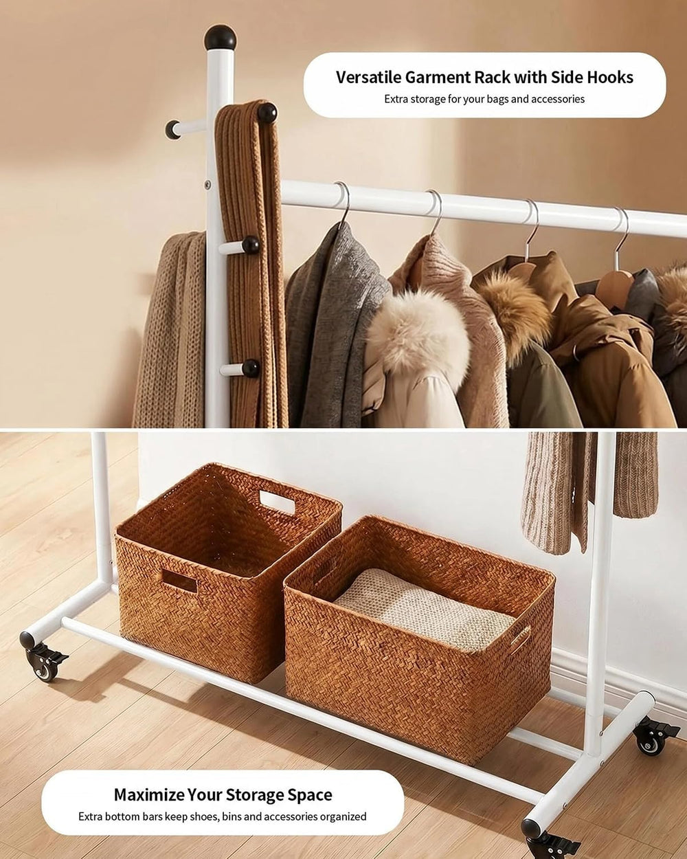 Rolling Clothes Rack Heavy Duty Garment Rack with Wheels, White