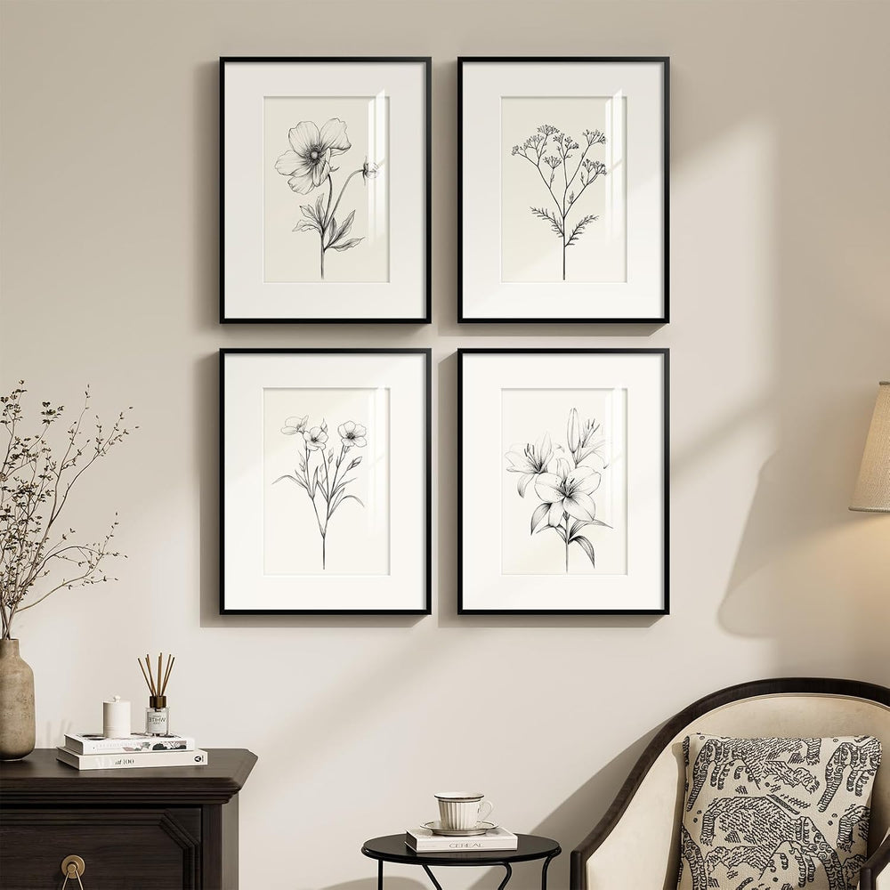 Framed Black and White Botanical Wall Art for Bathroom, 4 Piece 11x14 In