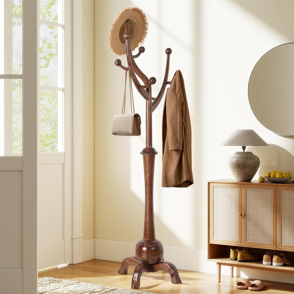 Wooden Coat Rack Freestanding Coat Tree with 8 Hooks, Walnut