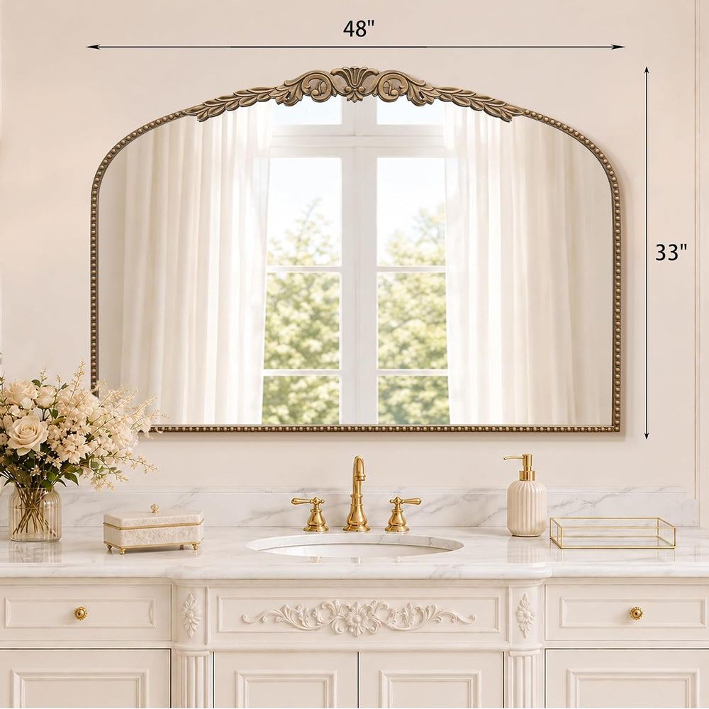 Besdomus Gold Large Fireplace Mirror: 48"x33" Baroque Vintage Arche...