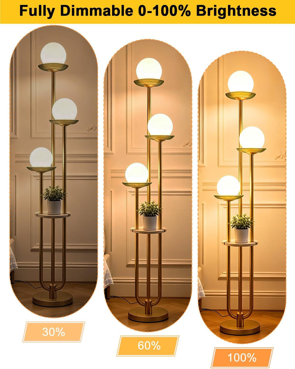 3-Globe Gold Floor Lamp Dimmable with Green Glass Tray Tall Lamp