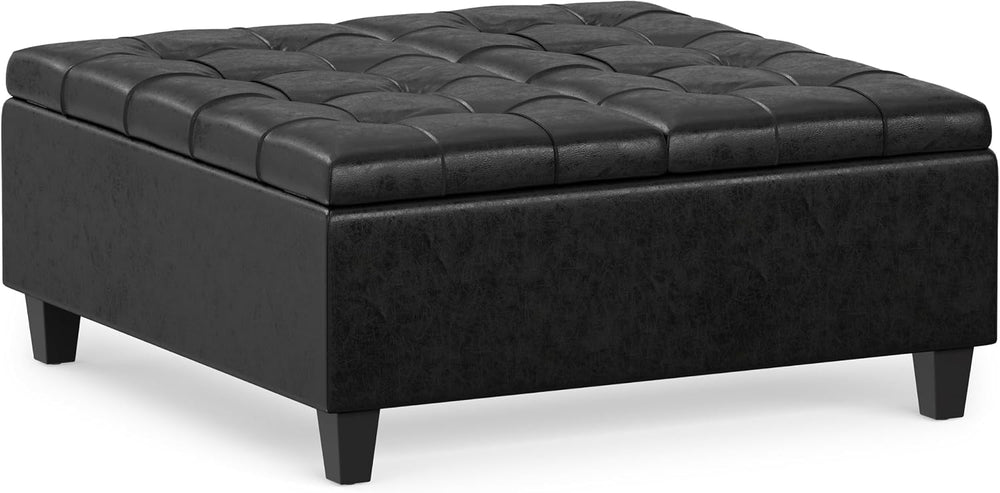 SIMPLIHOME Harrison 36" Wide Vegan Leather Lift Top Ottoman in Black