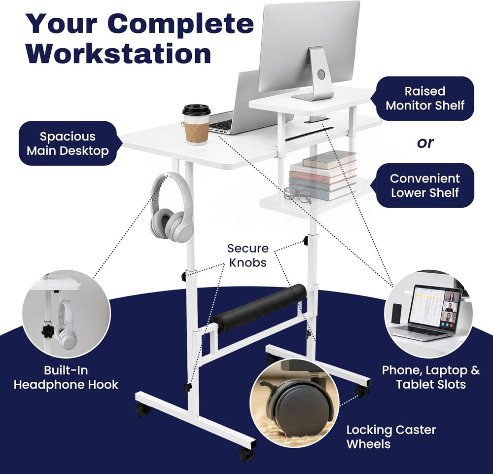 Standing Desk with Wheels, Adjustable Rolling Laptop Computer Desk