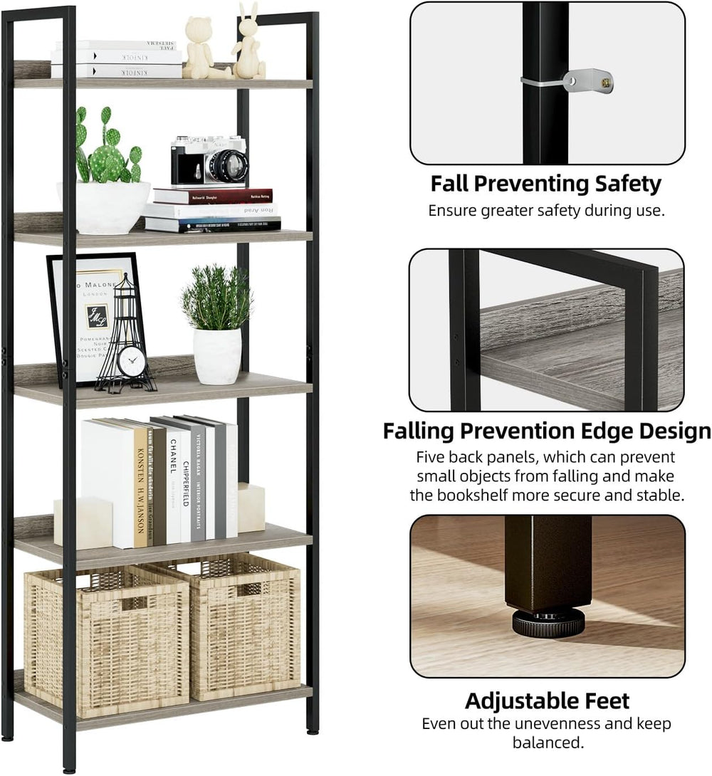 NUMENN Bookshelf, 5 Tier Freestanding Shelving Unit, Grey