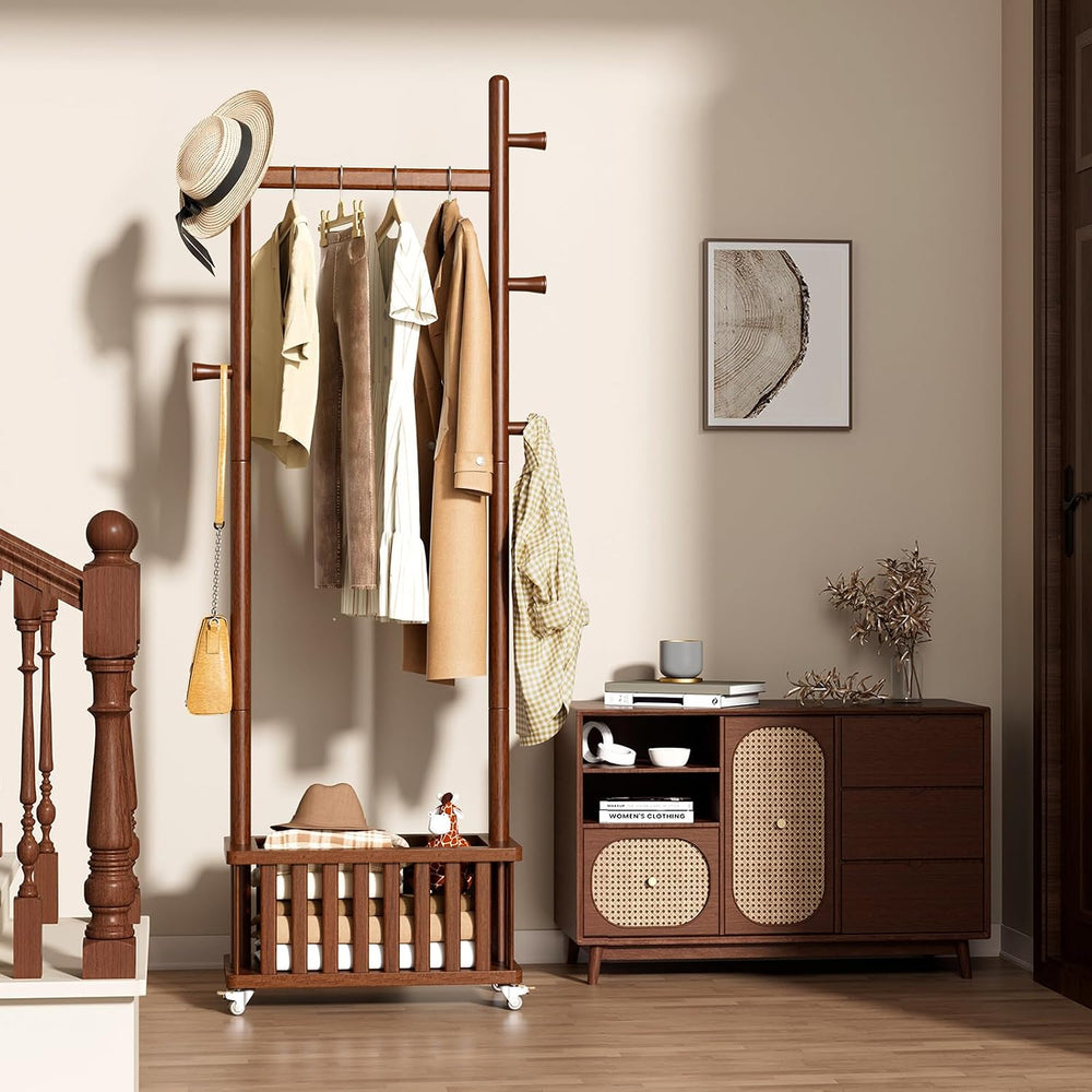 Taitiy Solid Wood Coat Rack with Wheels, Freestanding Coat Tree with Removabl...
