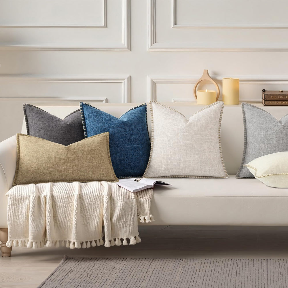 decorUhome Beige Faux Linen Outdoor Throw Pillow Covers 26x26 Set of 2