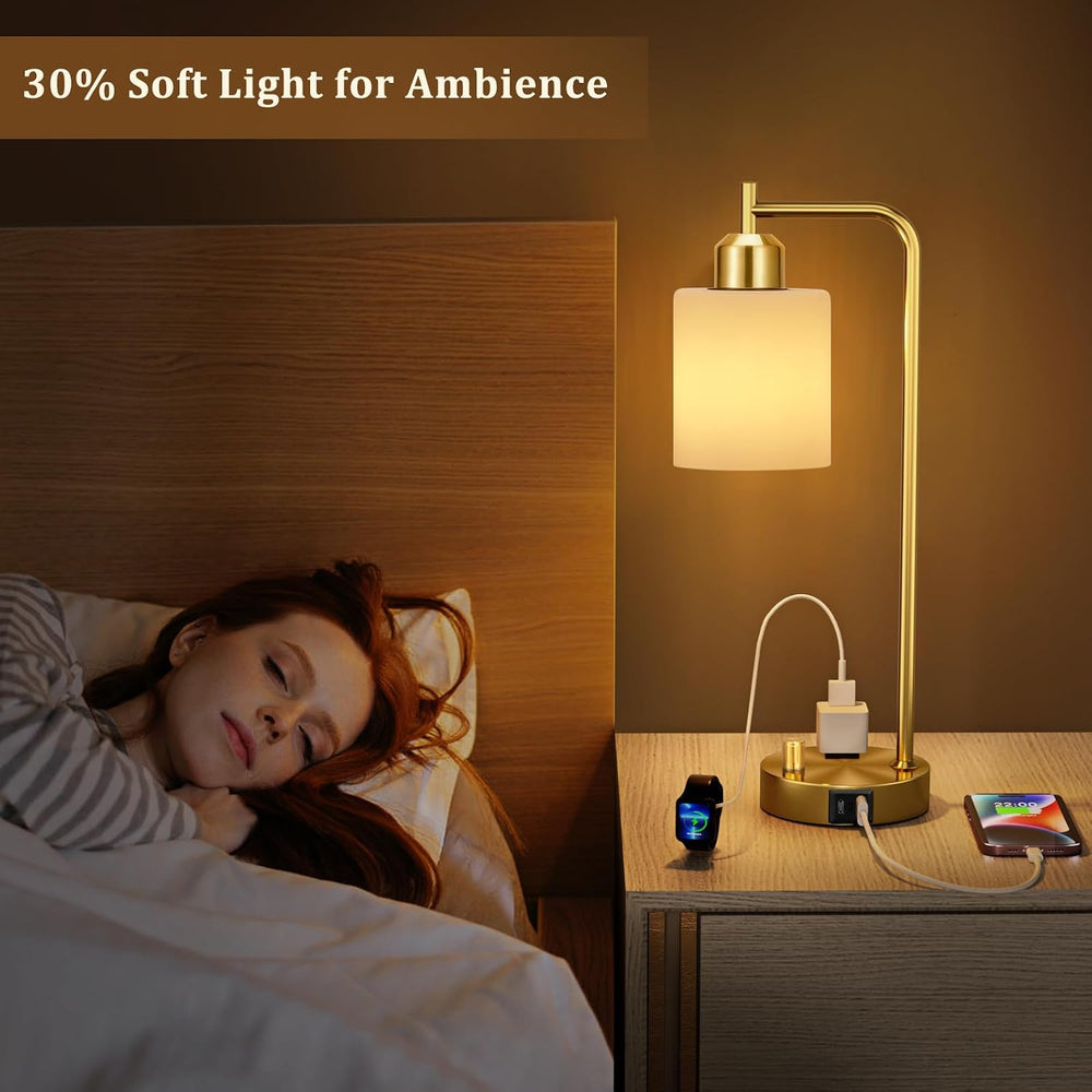 Innqoo Gold Lamp for Bedroom - Industrial Bedside Table Lamp with USB Port an...
