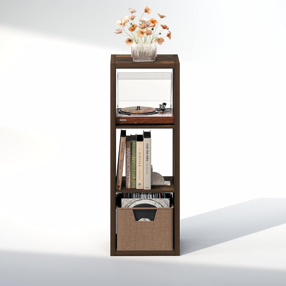 Furinno Cubicle Record Player Stand, 3-Cube Record Storage, Amber Pine