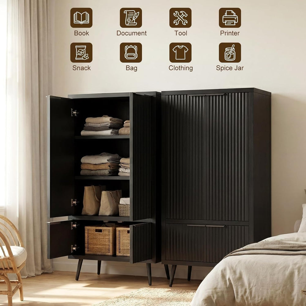 Ebony Fluted 51" Tall Wooden Kitchen Pantry Storage Cabinet Food Organiz...