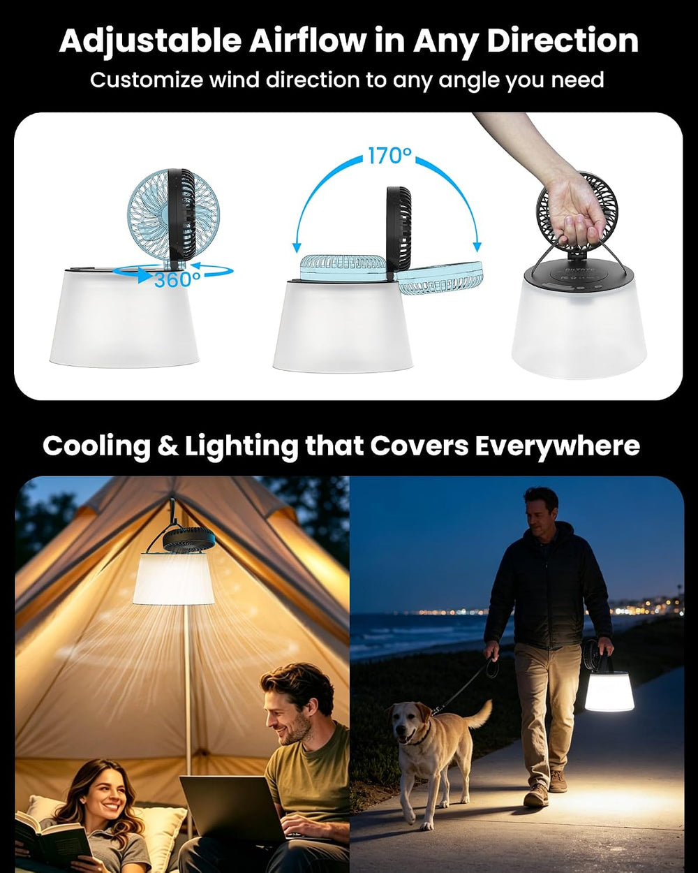 3 in 1 Portable Camping Lantern with Fan USB Rechargeable for Outdoor