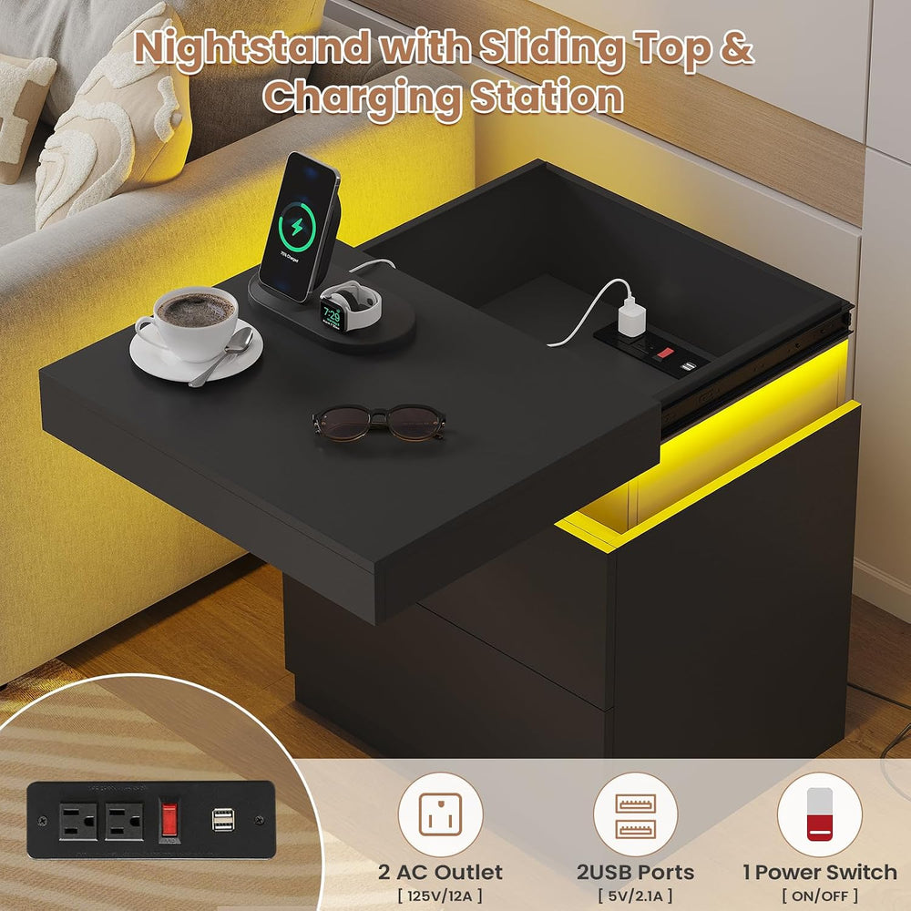 ADORNEVE Modern Black Nightstand Set of 2,Small Bedside Table with Drawers