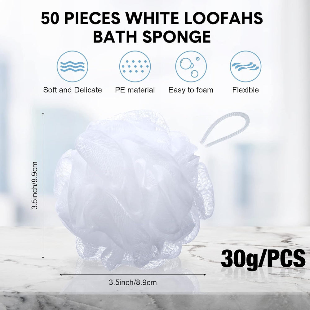 Chengu 50 Pack Loofah Sponge Bulk Shower Mesh Ball, White, Classic