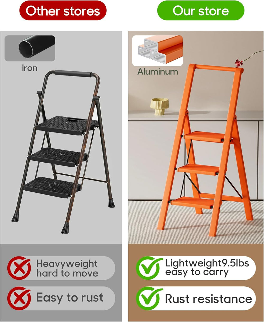 HillhutApex Aluminum 3 Step Ladder, Step Stool Foldable Ladder(Orange)