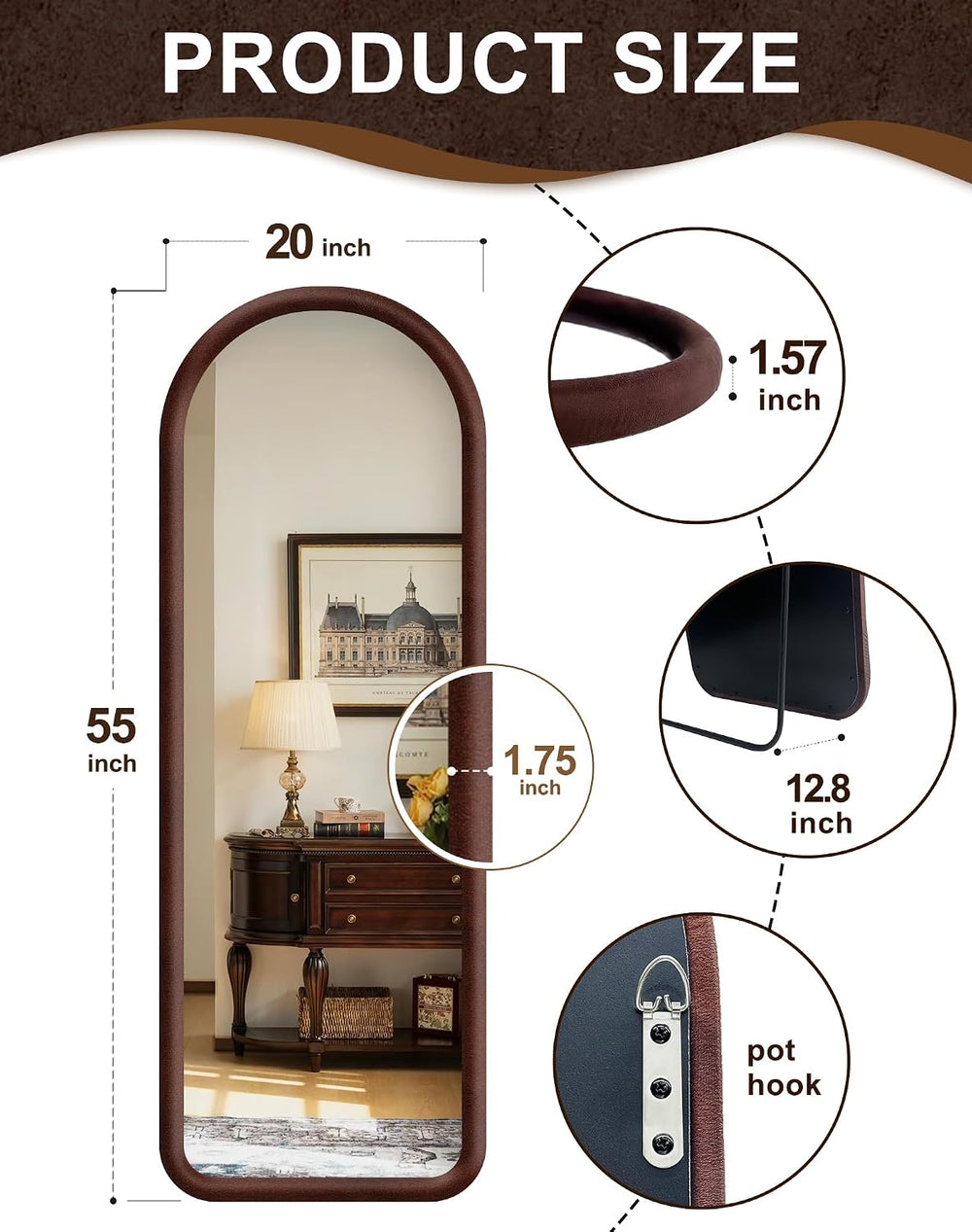 Delma Arched Full Length Mirror, Free Standing Floor Velvet Finish Frame Mirr...